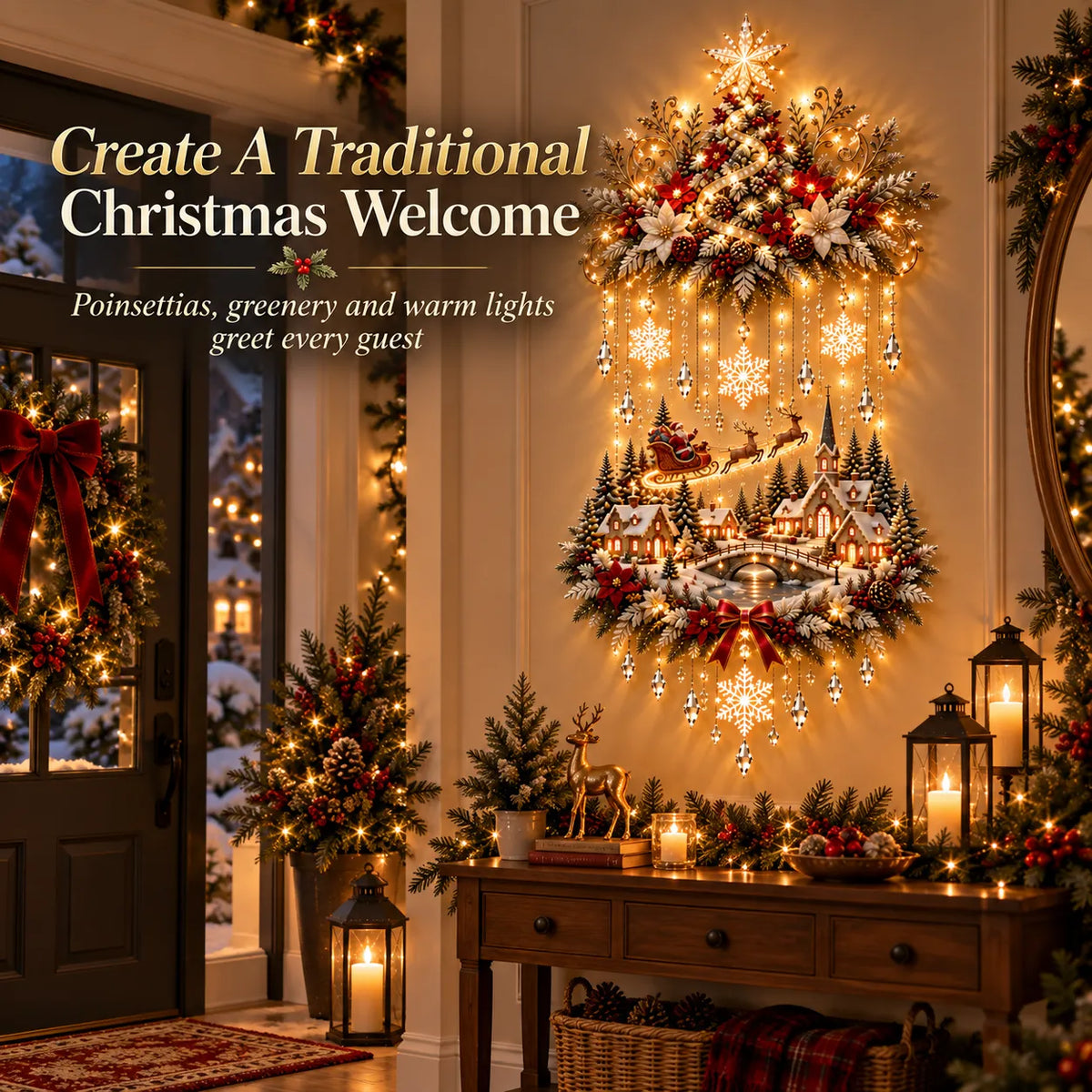 🎄 Illuminated Christmas Tree & Village Wall Hanging | Cascading Warm Lights for Living Rooms, Entryways & Staircases ✨