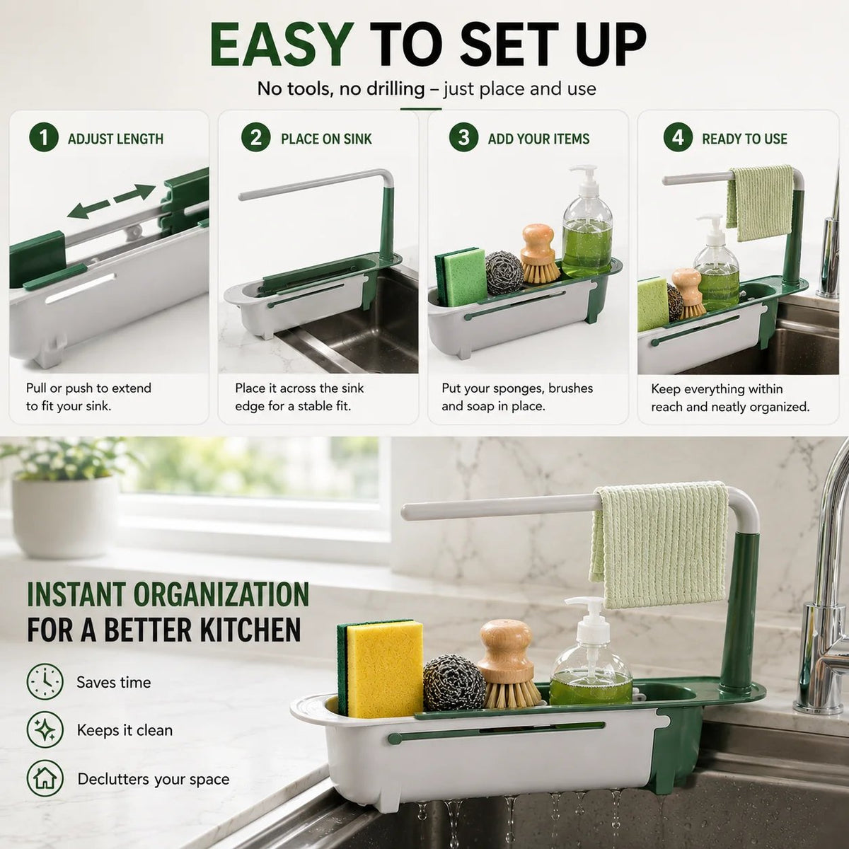 ✨ Adjustable Telescopic Sink Organizer – Drain, Dry & Declutter