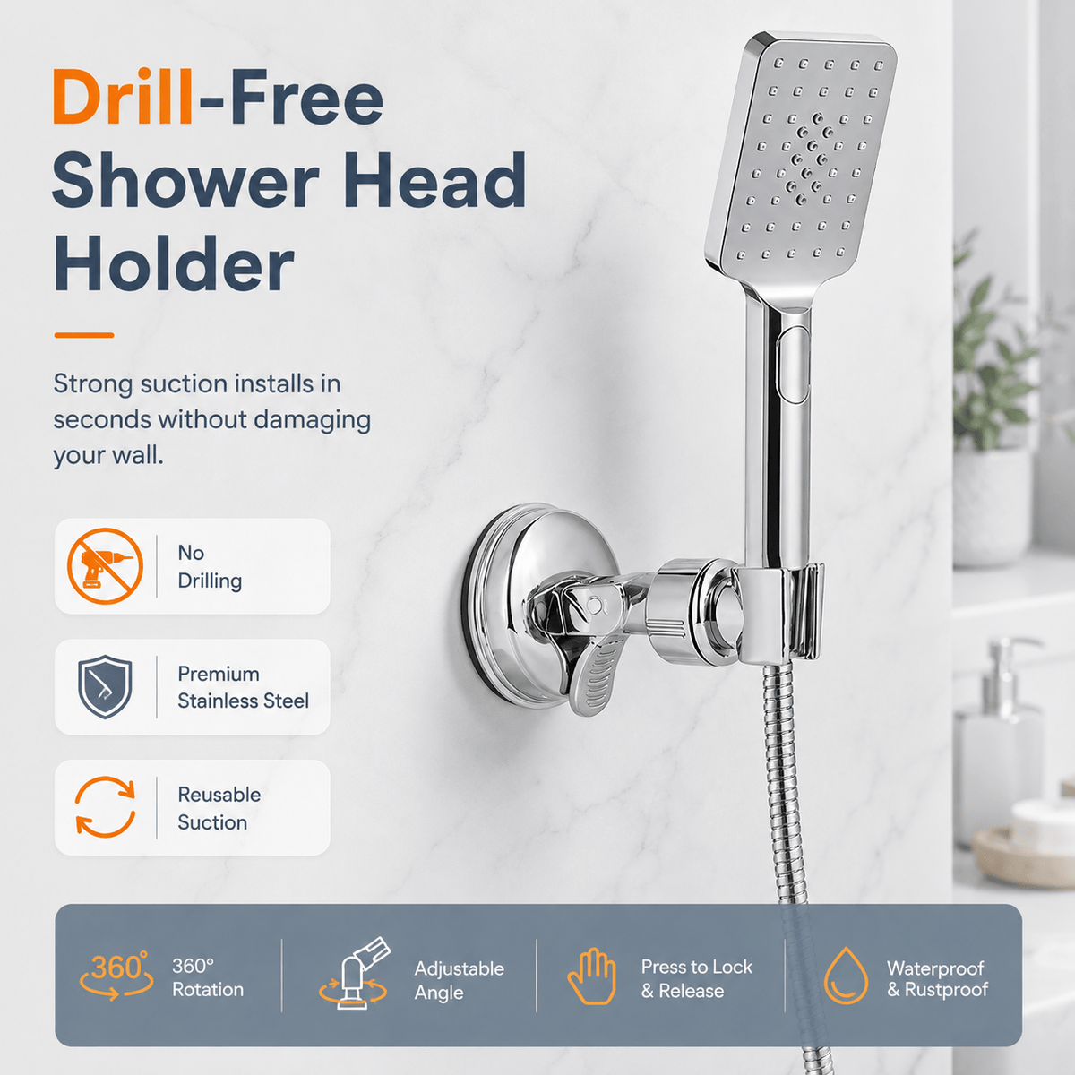 🎁Last Day Promotion 49% OFF🔥No-Drill Suction Cup Stainless Steel Shower Head Holder