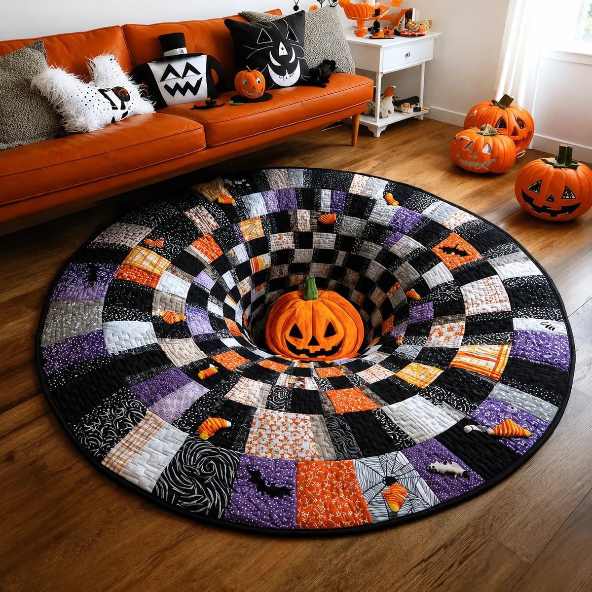 3D visual effects Skeleton Vortex Quilted Round Halloween Rug