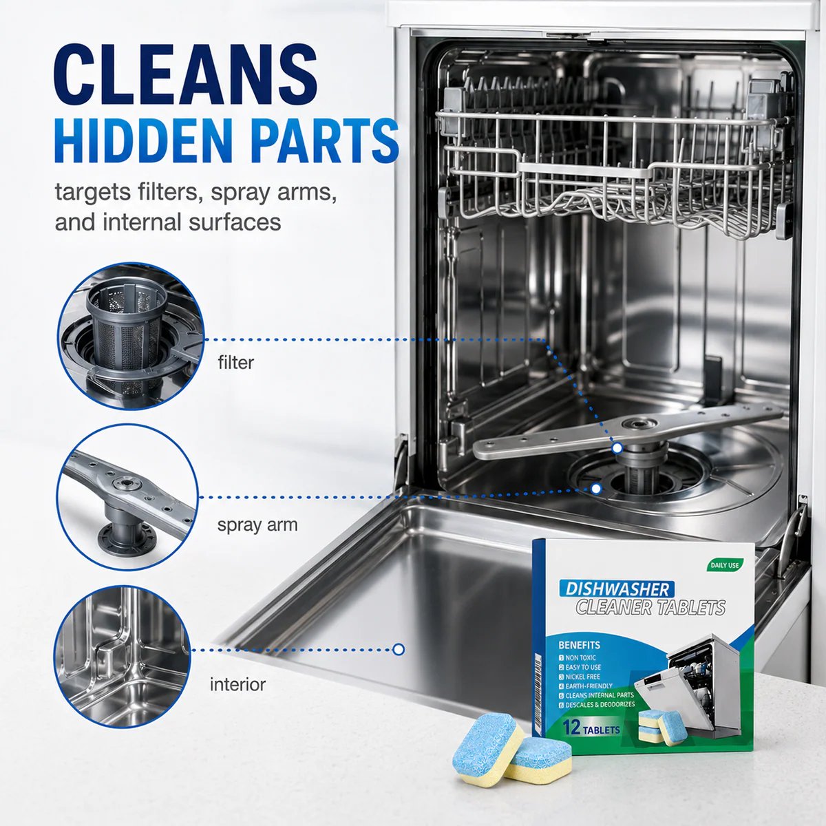 Dishwasher Cleaner Tablets 12-Pack – Descaling & Deodorizing Pods for Limescale, Calcium Buildup & Odor Control