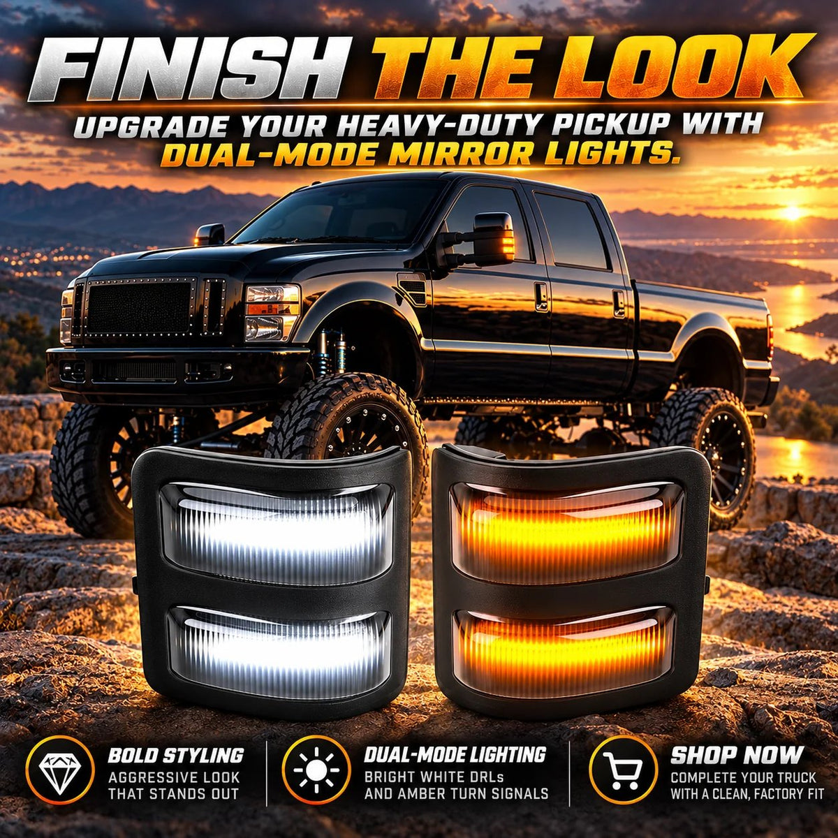 Dual-Mode LED Mirror Lights – White & Amber Turn Signal Upgrade for Heavy-Duty Trucks