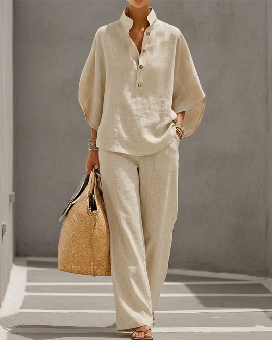🔥Women's Batwing Sleeve Two-Piece Set – Casual Shirt & Wide Leg Pants Outfit