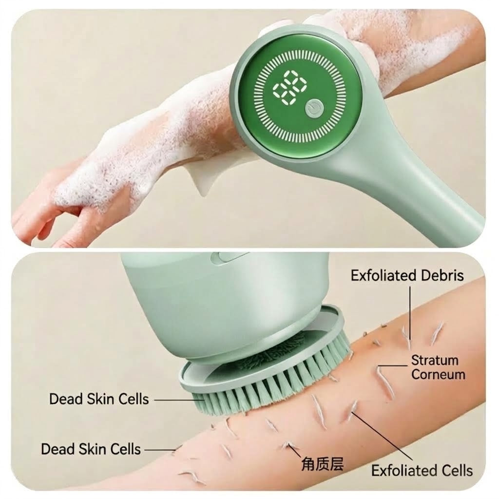🚿 Electric Long Handle Shower Back Scrubber ✨ IPX Waterproof | 5 Brush Heads & 3 Speeds, USB Rechargeable Full Body Exfoliator for Sensitive Skin