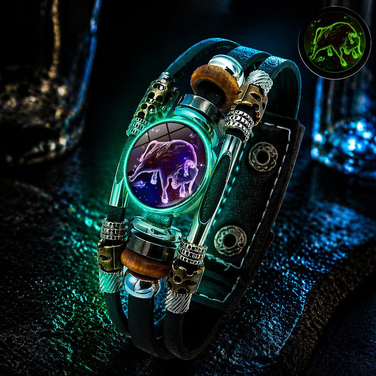 💥Limited-time 50% off ☪️Glow-in-the-dark leather zodiac sign bracelet for men and women (6.9/8.1 inches)♑️