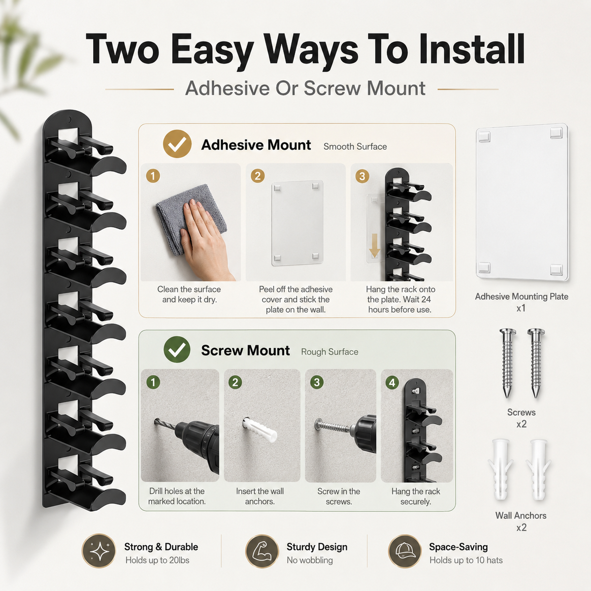 Hat Organizer for Wall 🧢 Holds 10 Hats per Rack