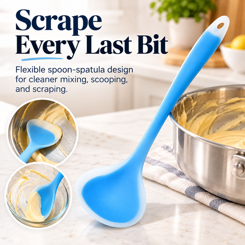 🍳✨ 2-in-1 Silicone Scraper Spoon 🥄💙 Flexible Edge for Easy Scooping, Mixing & Scraping 🧁🍯 Non-Scratch Kitchen Spatula 🍲🌈 5 Colors Available