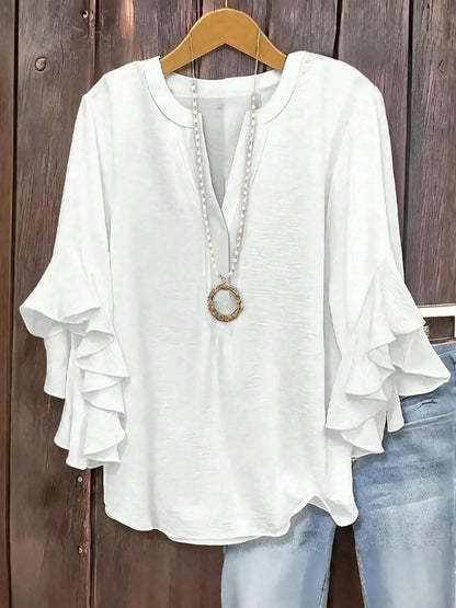🔥Camisa de manga con volantes y cuello en V para mujer de talla grande, elegante diseño floral, cómoda y con estilo, perfecta para uso casual