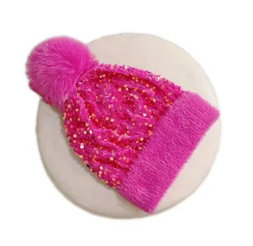 Sequin Fur Pom Beanie