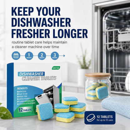 Dishwasher Cleaner Tablets 12-Pack – Descaling & Deodorizing Pods for Limescale, Calcium Buildup & Odor Control
