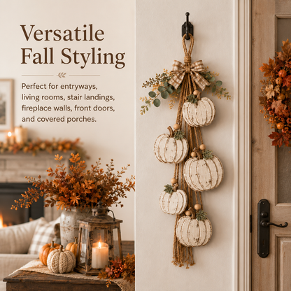 Rustic White Pumpkin Hanging Swag – Fall Door & Wall Decoration for Farmhouse Autumn Decor