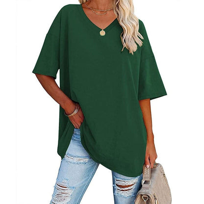 👚 Camisetas de manga corta de algodón de talla grande con cuello en V para mujer, corte holgado informal, tops tipo túnica 💖