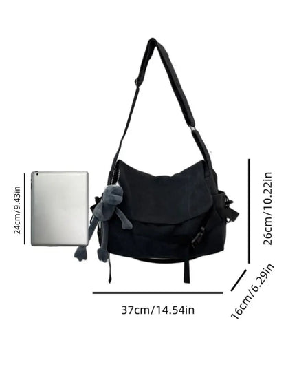 Solid Color Trendy Versatile Crossbody Bag with Cartoon Charm