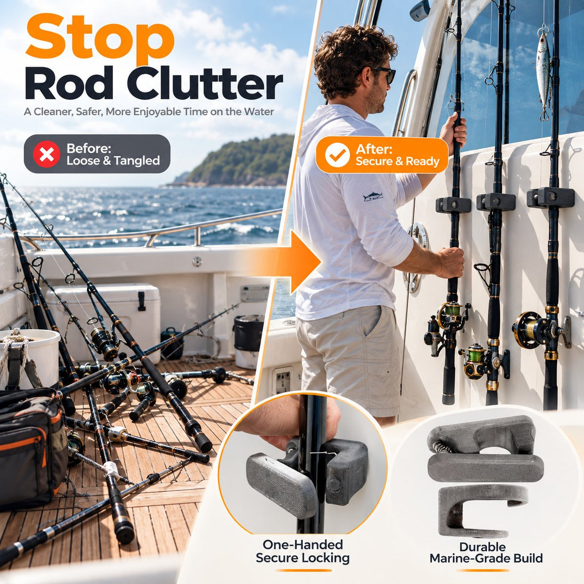 Marine Grade Fishing Rod Mount | Space Saving Wall & Rail Holder