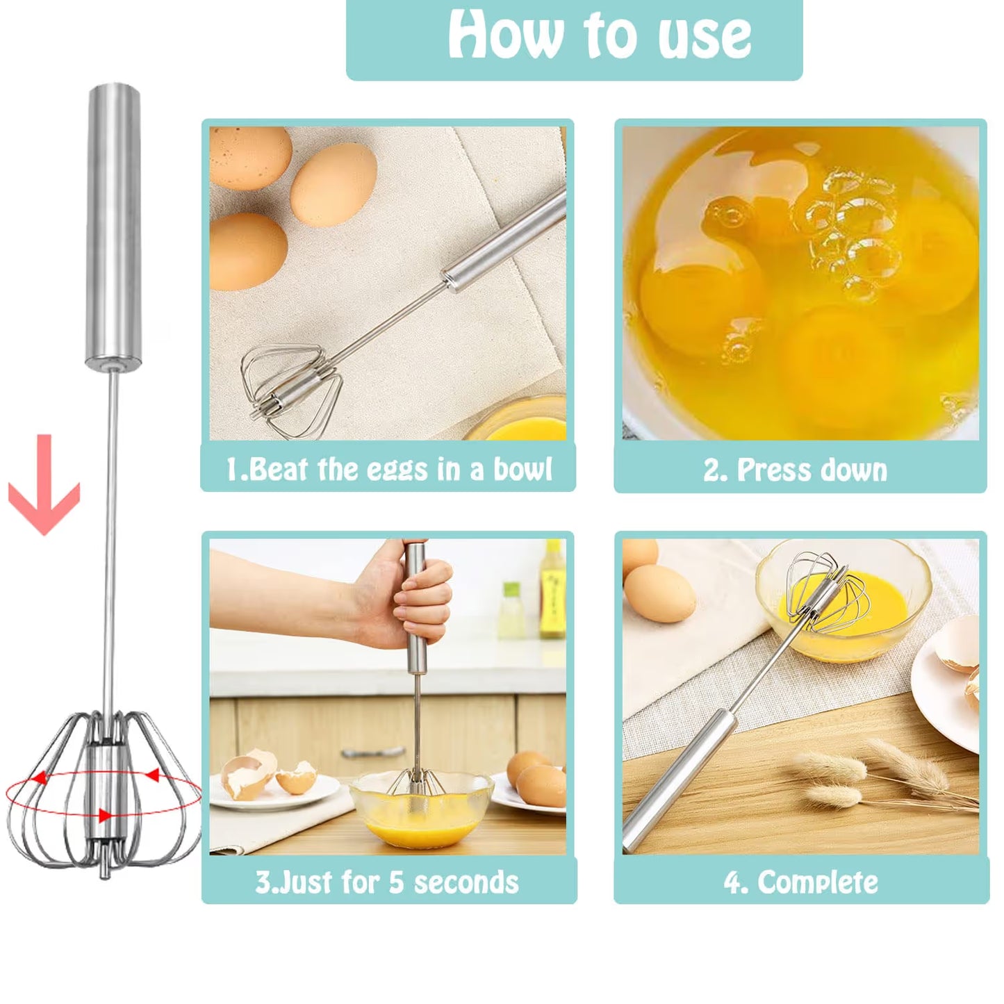 Semi-Automatic Stainless Steel Push Rotary Whisk Set