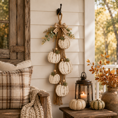 Rustic White Pumpkin Hanging Swag – Fall Door & Wall Decoration for Farmhouse Autumn Decor