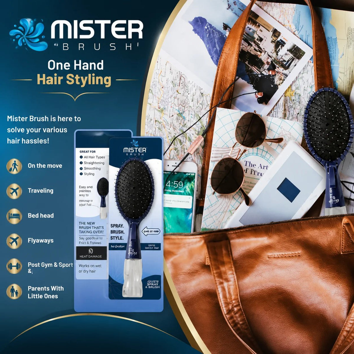 Mist & Brush Hair Tool with Built-In Water Reservoir for Wet & Dry Styling