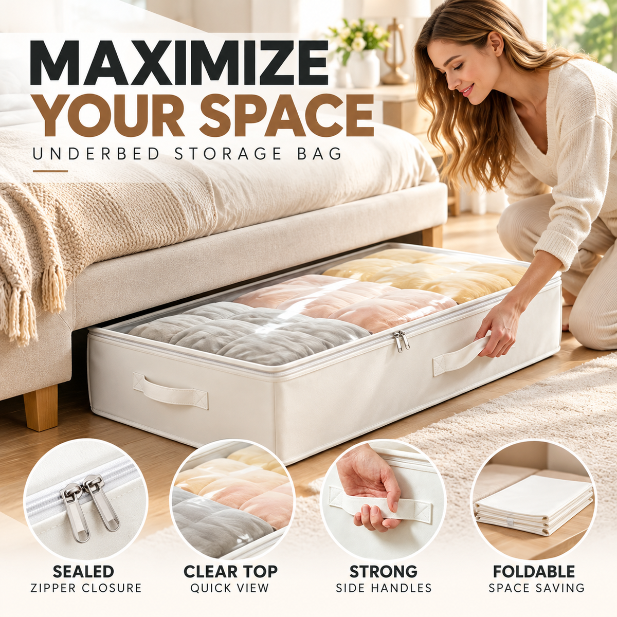 🧺 Foldable Underbed Storage Bag with Zipper Lid, Dustproof Under Bed Storage Container, Sturdy Handle for Clothes, Blankets, Bedding & Seasonal Items