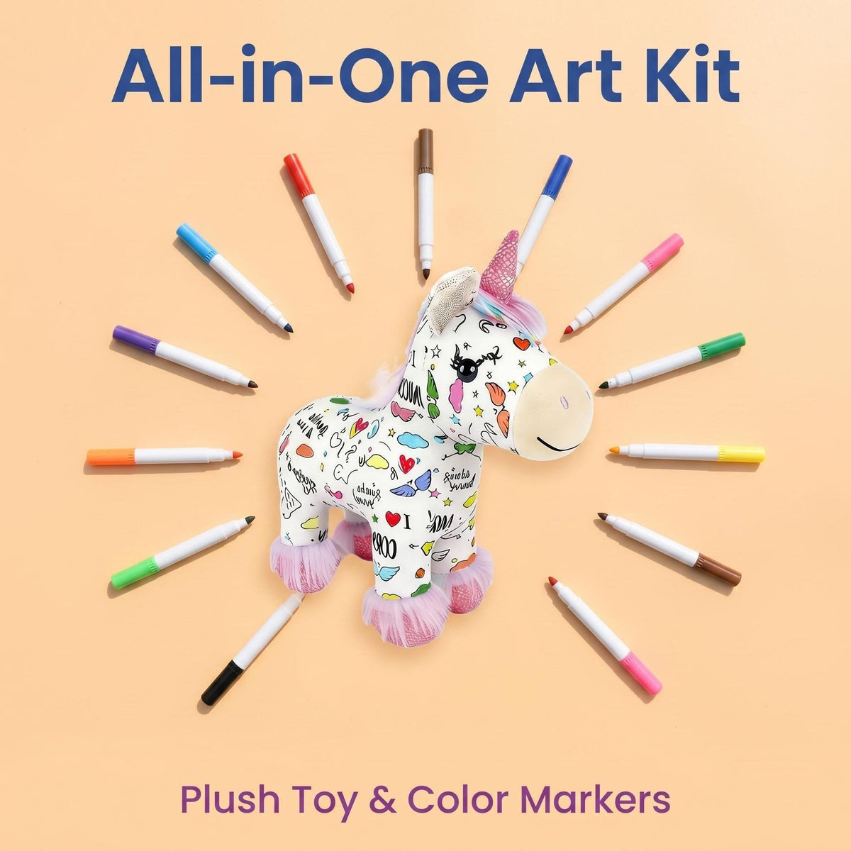 🦄 DIY Coloring Unicorn Plush Kit – Reusable Stuffed Animal Craft Set with 12 Washable Markers, Kids Gift for Ages 3–8, Birthday & Holiday Presents