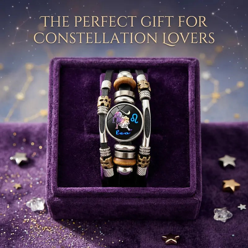 💥Limited-time 50% off ☪️Glow-in-the-dark leather zodiac sign bracelet for men and women (6.9/8.1 inches)♑️