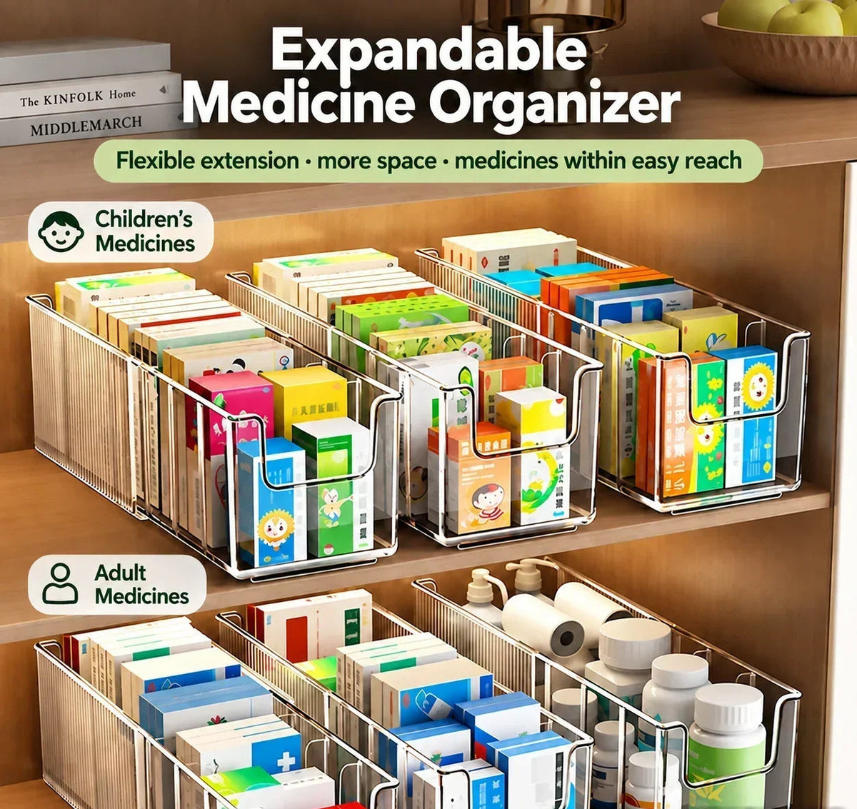🗄️ 50% OFF! Transparent Extendable Storage Organiser – adjustable 24.5–43cm, clear PET walls let you see every item at a glance. Perfect for medicines, supplements & toiletries – no more rummaging! 🏠✨