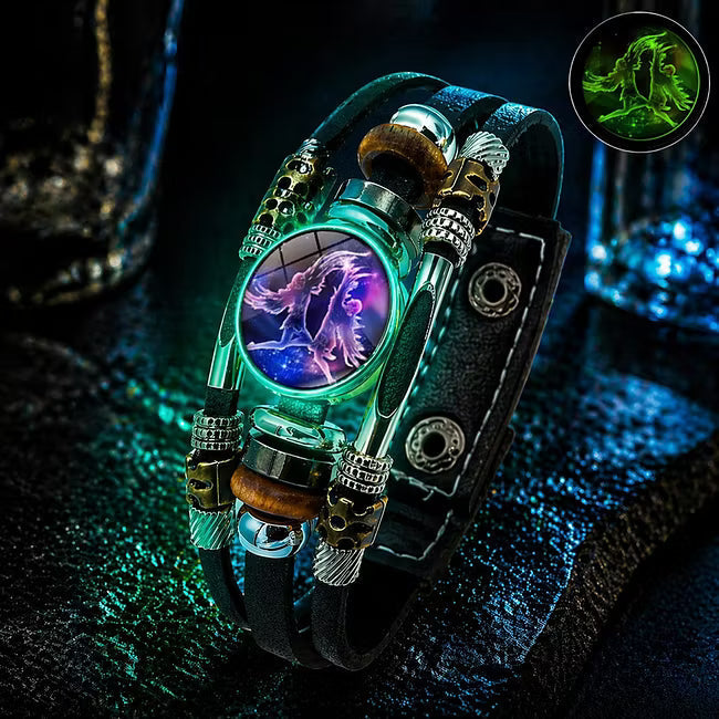 💥Limited-time 50% off ☪️Glow-in-the-dark leather zodiac sign bracelet for men and women (6.9/8.1 inches)♑️