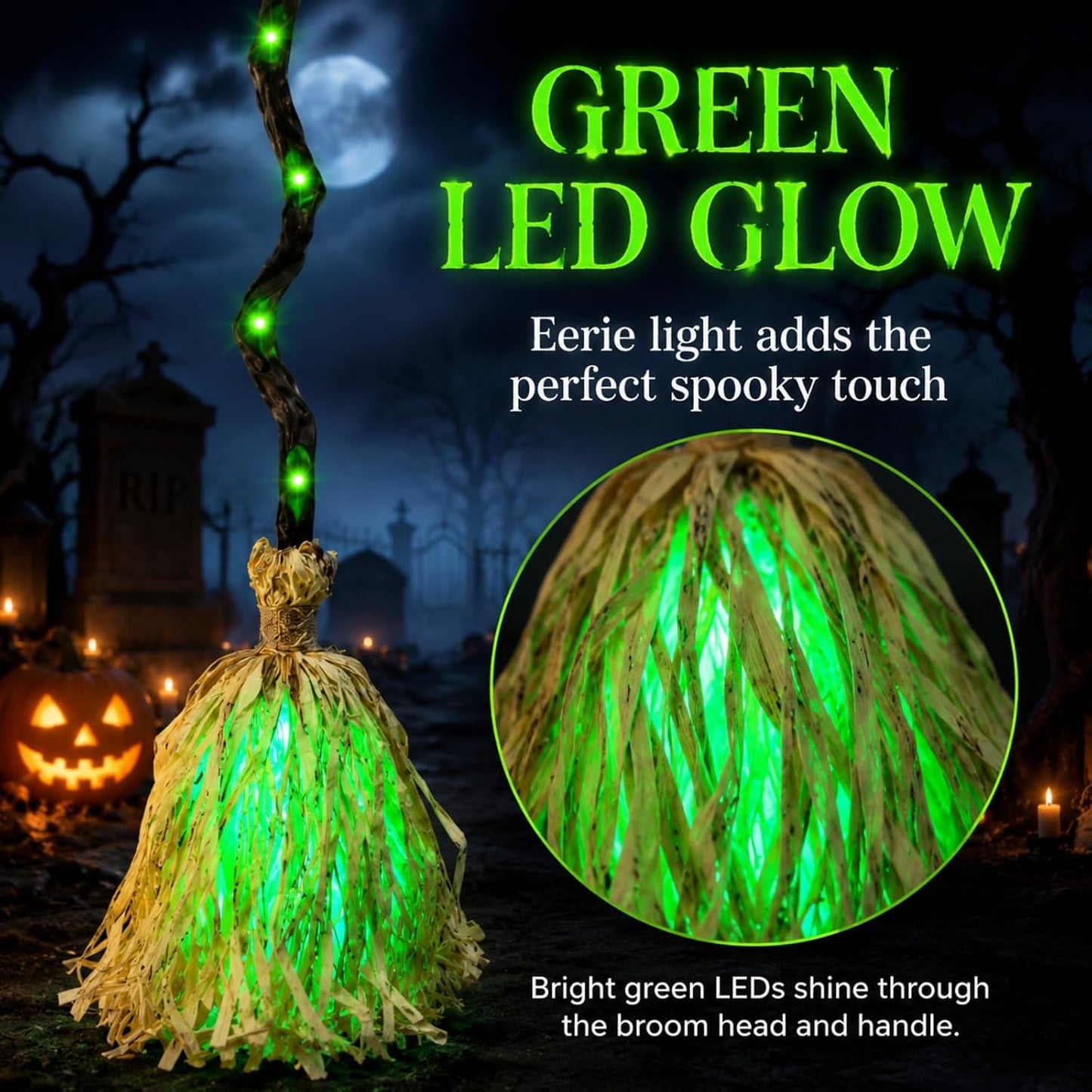 Animated Halloween Witch Broom with Lights, Sound and Motion Decor