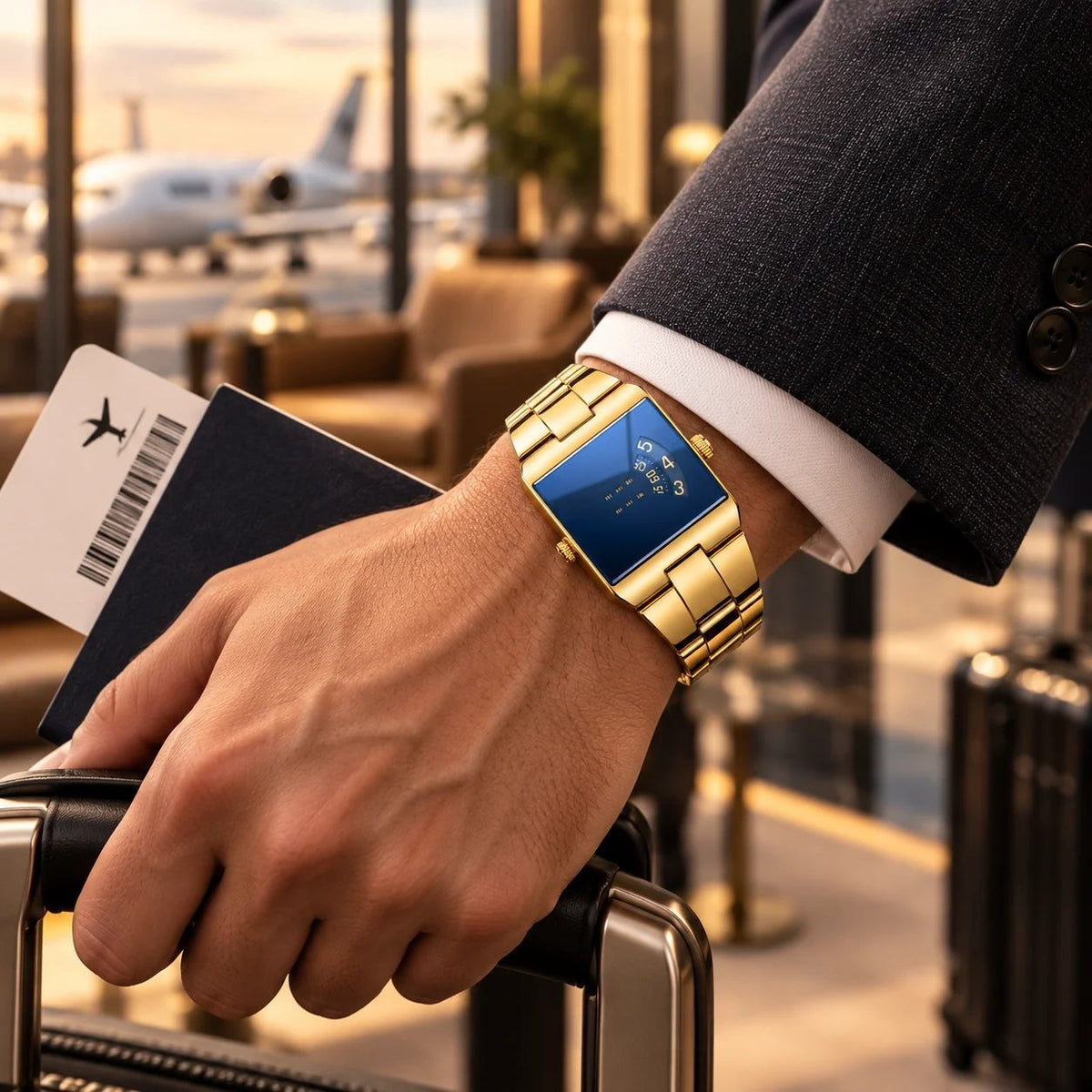 Men’s Gold-Tone Square Quartz Watch | Business Casual Style