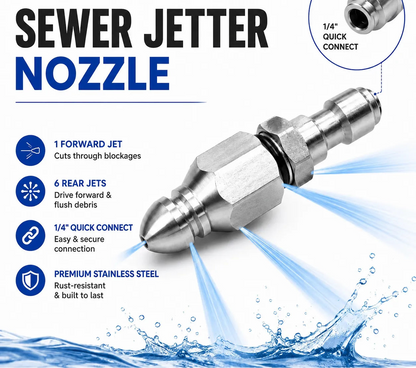 Stainless Steel Sewer Jetter Nozzle – 1/4' Quick Connect Drain Cleaning Attachment for Pressure Washers