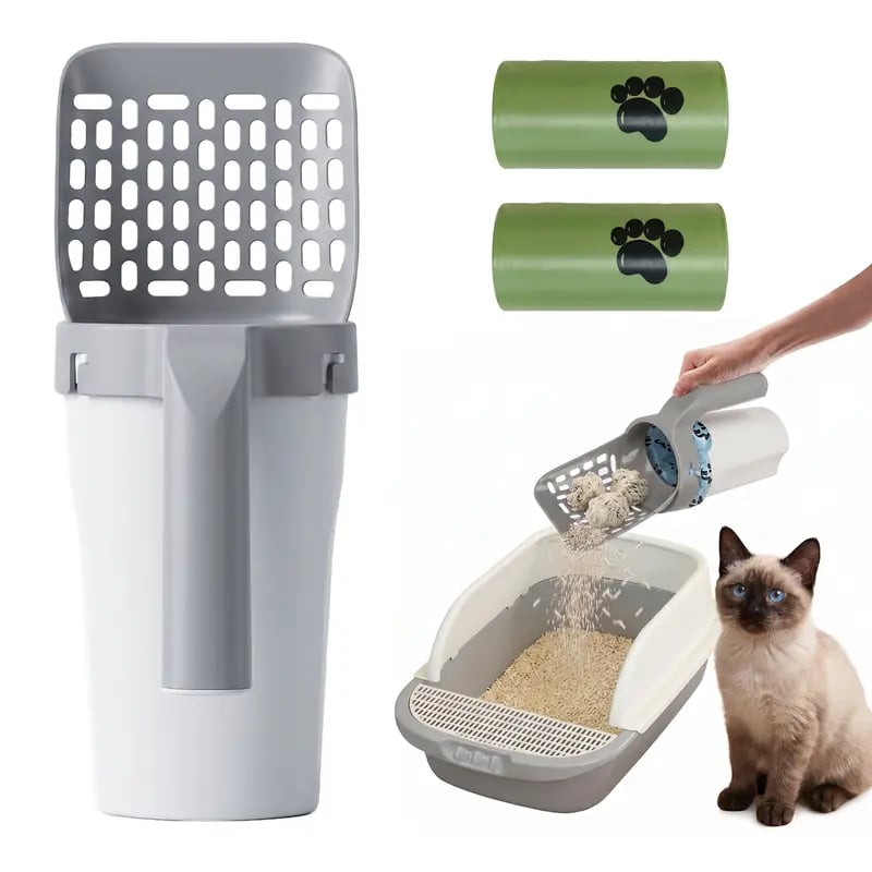 🎉Recogedor de arena para gatos con soporte, sistema 2 en 1 desmontable de criba y caja de basura con bolsas de recambio