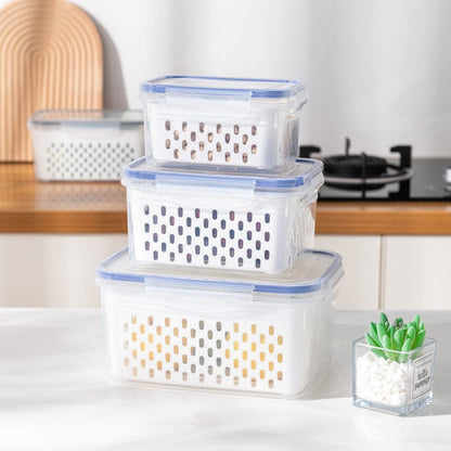 🔥Caja de almacenamiento de alimentos de plástico transparente para el hogar-Incluye cesta de drenaje💧