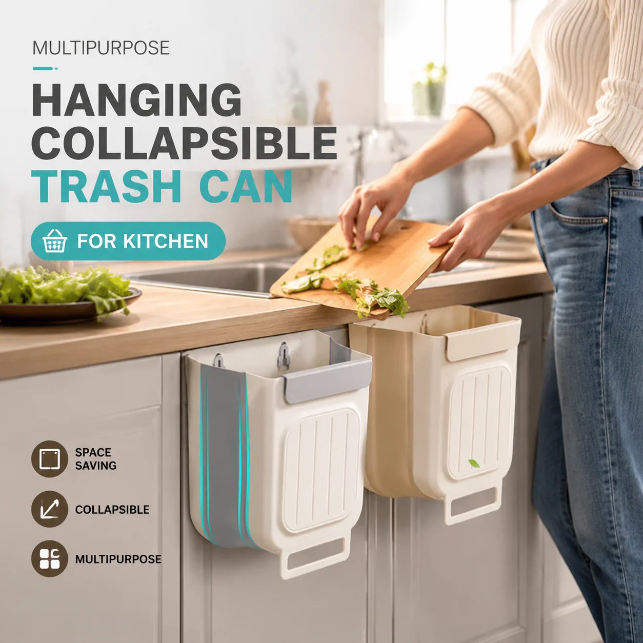 Bote de basura plegable multiusos para colgar en la cocina
