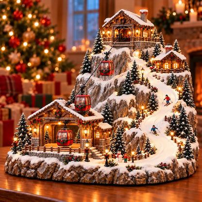 Animated Christmas Mountain Cable Car & Ski Village Scene ✨20cm