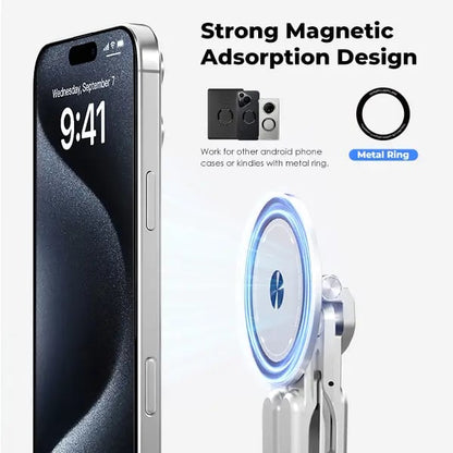 Adjustable Aluminum Laptop Stand with Integrated Magnetic Phone Holder | Portable & Foldable Desktop Riser for Laptops and Tablets
