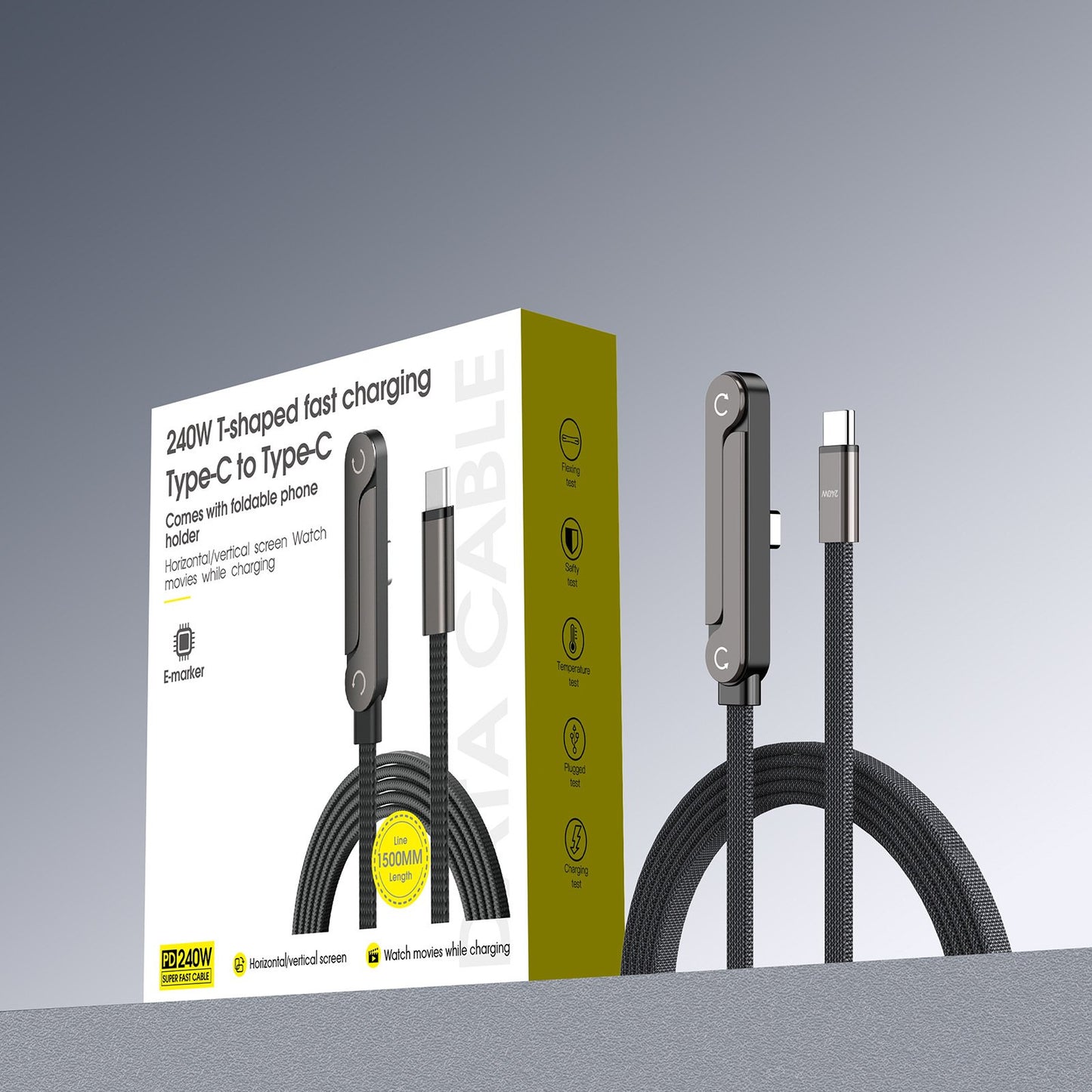 Cable de carga 2 en 1 desmontable con SuperCharge de 240 W y soporte invisible giratorio de 360°