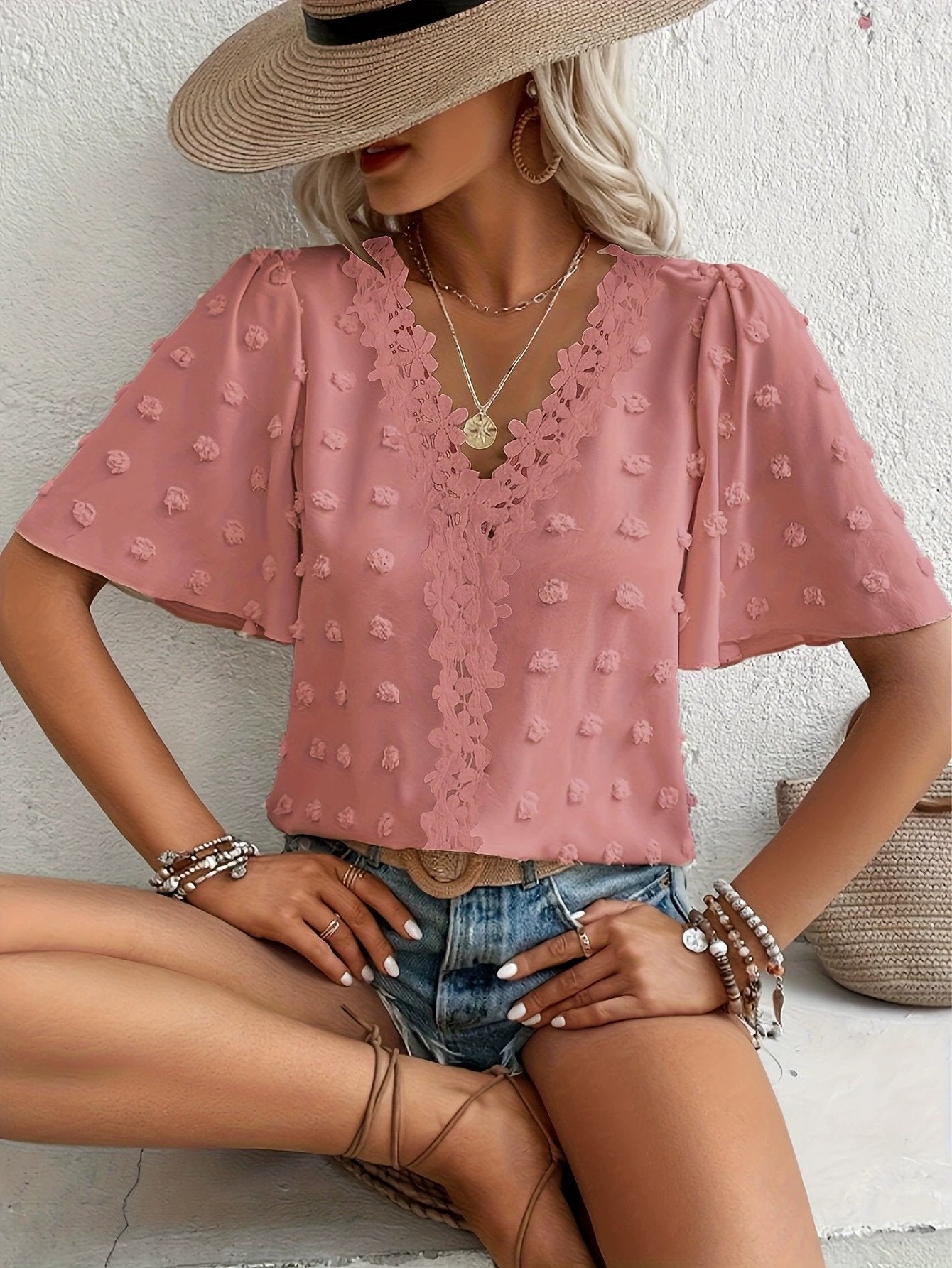 Swiss Dot Lace Butterfly Sleeve Blouse