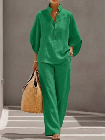 Women's Batwing Sleeve Linen Cotton Two-Piece Set – Casual Shirt & Wide Leg Pants Outfit