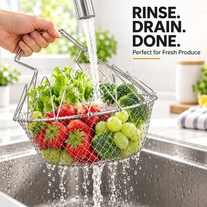 🔥Hot Sale 50% OFF – Foldable Stainless Steel Frying Basket & Colander ✨