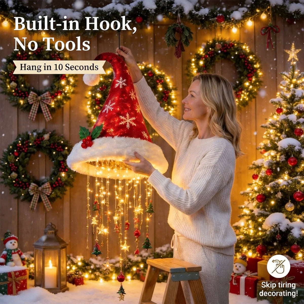🎅✨Light‐Up Santa Hat Hanging Chandelier Decoration