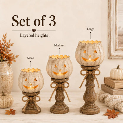 🕯   Set of 3 Rustic White Pumpkin Tealight Candle Holders  | Layered Farmhouse Fall Decor For Halloween & Thanksgiving