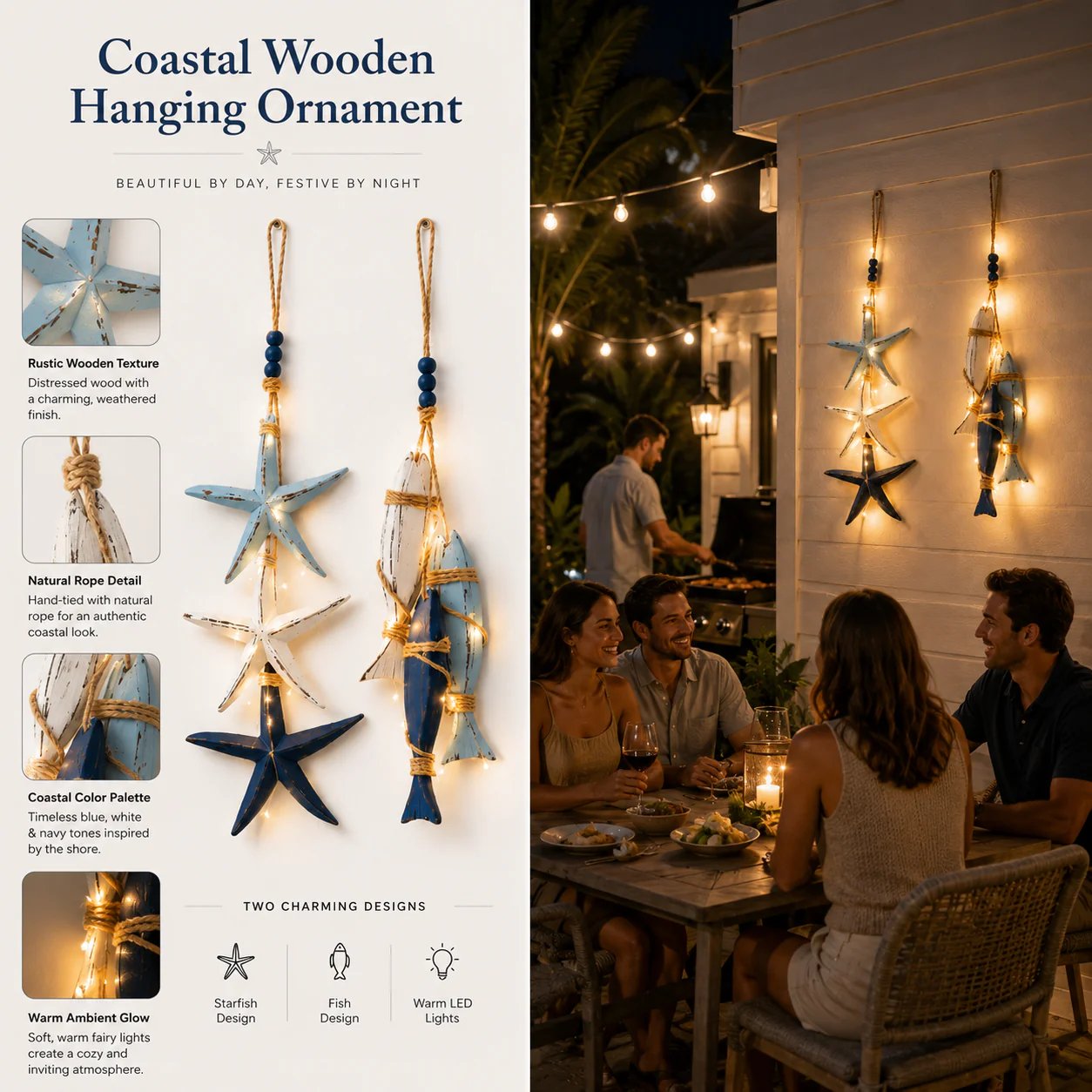 ⭐2026 OFERTA ESPECIAL🐟🌊Decoración Colgante de Estrella de Mar y Pez de Madera Iluminada Estilo Costero