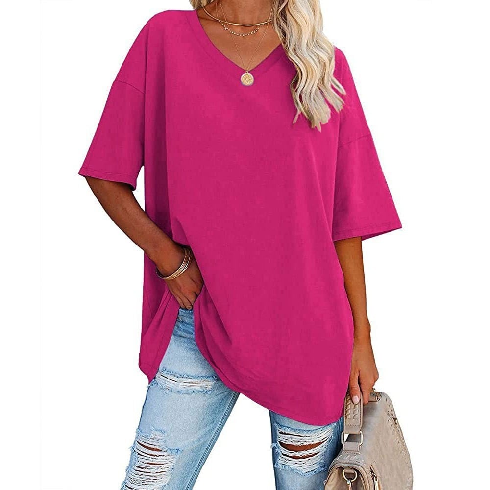 👚 Camisetas de manga corta de algodón de talla grande con cuello en V para mujer, corte holgado informal, tops tipo túnica 💖