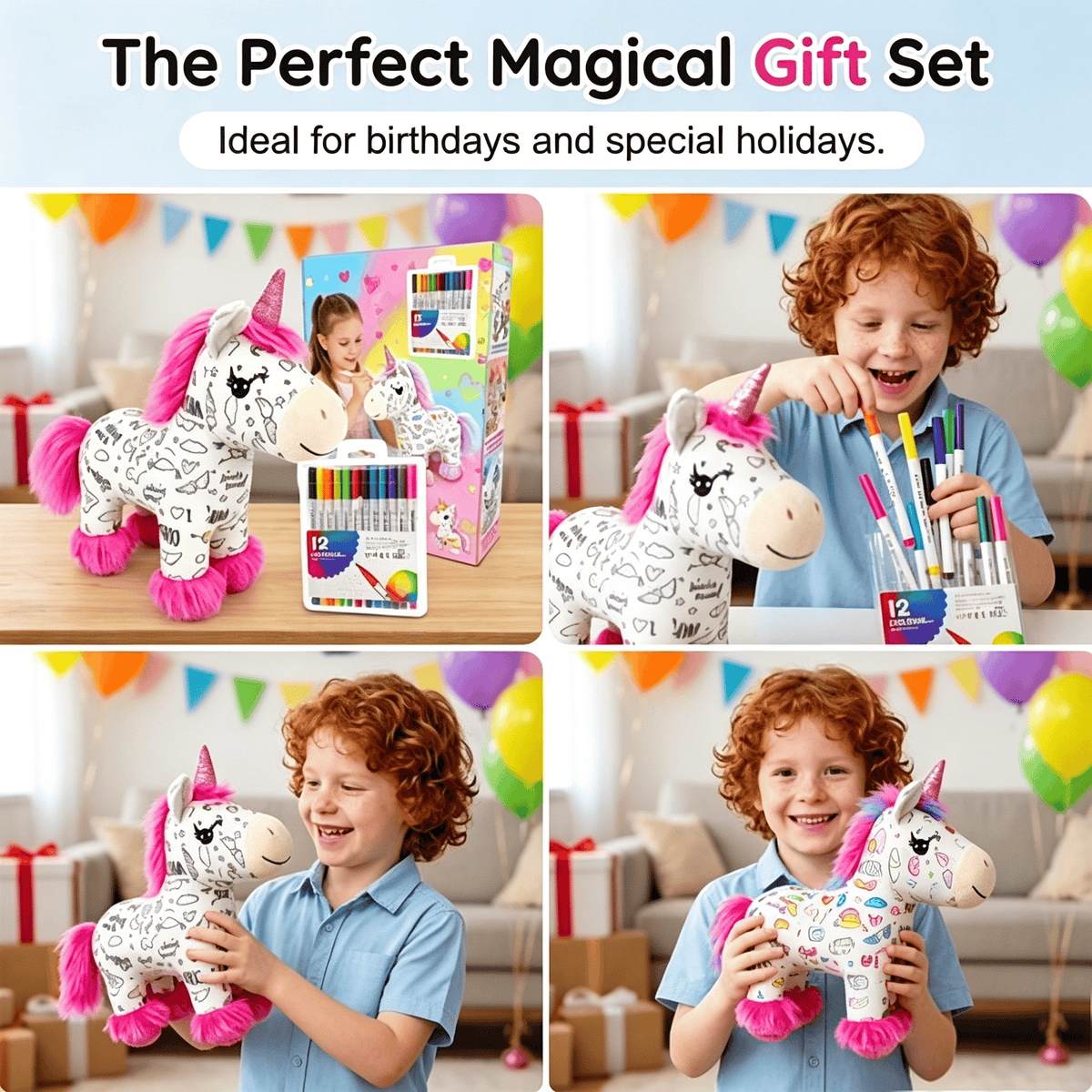 🦄 DIY Coloring Unicorn Plush Kit – Reusable Stuffed Animal Craft Set with 12 Washable Markers, Kids Gift for Ages 3–8, Birthday & Holiday Presents