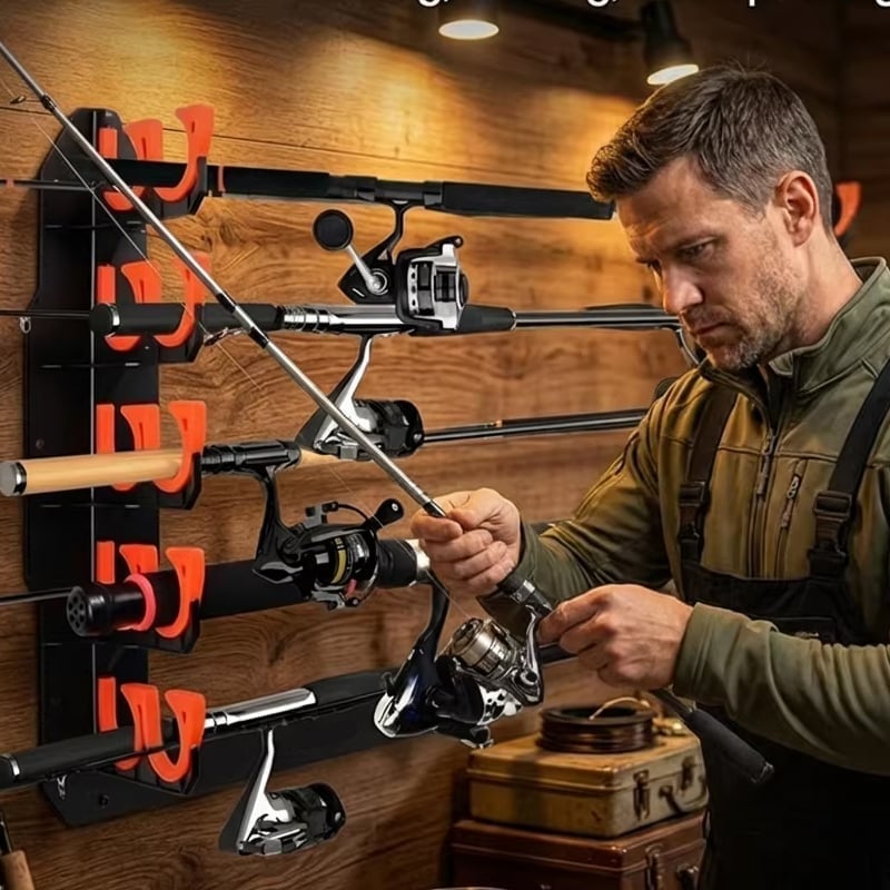 Soporte para cañas de pescar montado en pared y techo – Almacenamiento que ahorra espacio para cañas y combos 🎣🔩