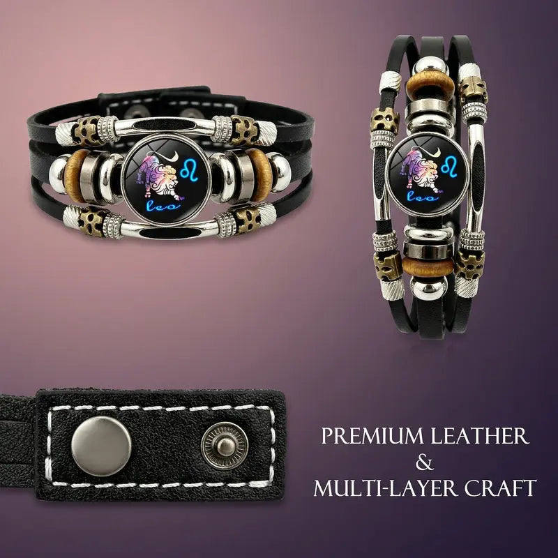 💥Limited-time 50% off ☪️Glow-in-the-dark leather zodiac sign bracelet for men and women (6.9/8.1 inches)♑️