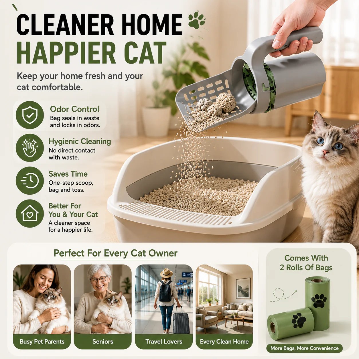 🎉Recogedor de arena para gatos con soporte, sistema 2 en 1 desmontable de criba y caja de basura con bolsas de recambio