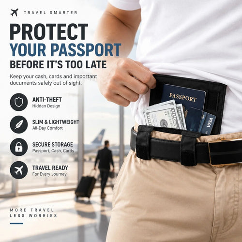 ✈️ Hidden Anti-Theft Passport Pouch – Slim Travel Security Belt Wallet for Cash, Cards & Documents