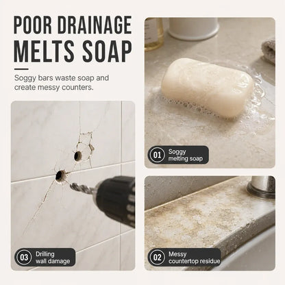 📢📢50% OFF !! ⏰Vacuum Suction Soap Dish: V-Shaped Drainage, Rustproof Aluminum, No Drilling, Twist-Lock🧼