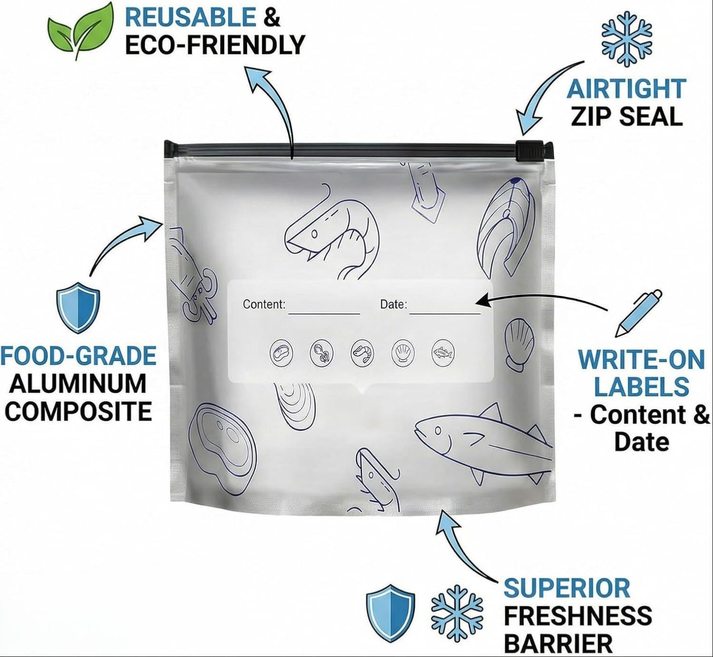 Reusable thickened upright aluminum foil sealing storage bags with labels