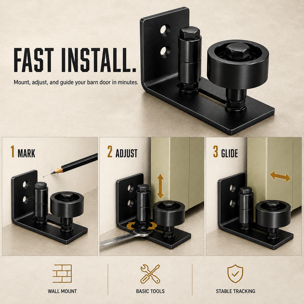 8-in-1 Adjustable Barn Door Floor Guide – Wall-Mount Stay Roller for Smooth, Stable Sliding